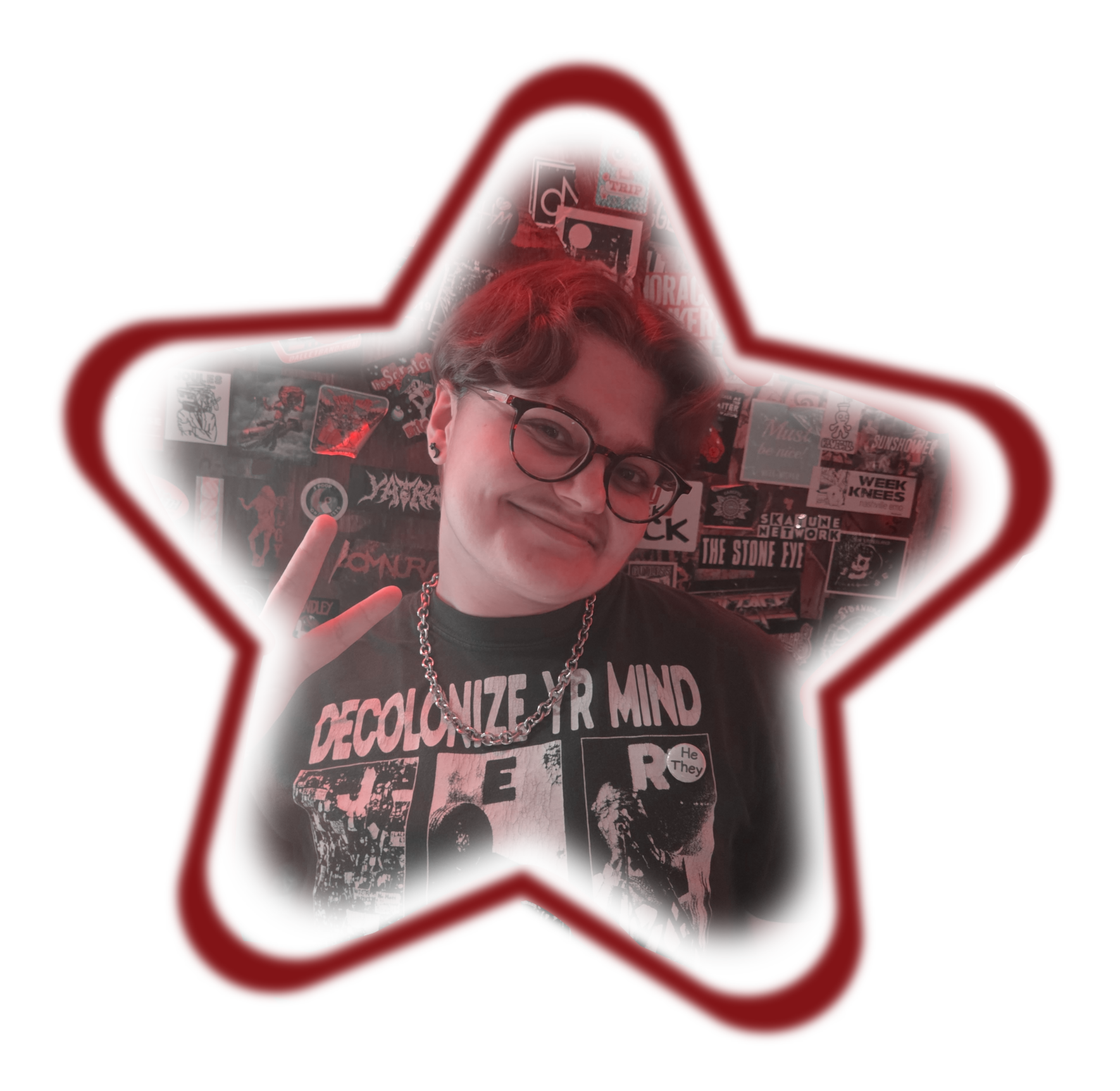 A photo of the Webmaster. He has short brown hair, glasses, and is wearing a black t-shirt. He stands smiling in front of a sticker-bombed wall.
